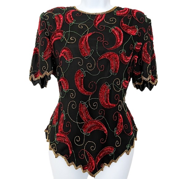 Scala Vtg Short Sleeve Chili Peppers Silk Sequined Beaded Blouse Evening Top, M - Picture 1 of 11